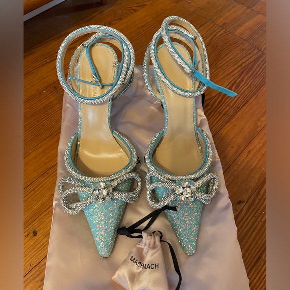 Mach & Mach Glitter Double Crystal Bow Pointed Toe Pump Size 39 Baby Blue - Picture 6 of 10